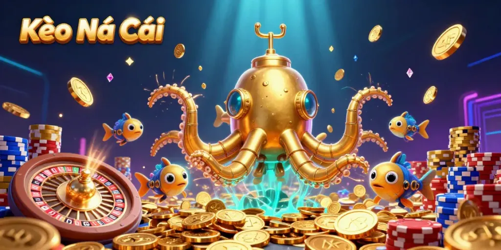 Kèo Nhà Cái showcases a spectacular sea of golden coins featuring a kraken submarine and mechanical fish in an underwater gaming scene.