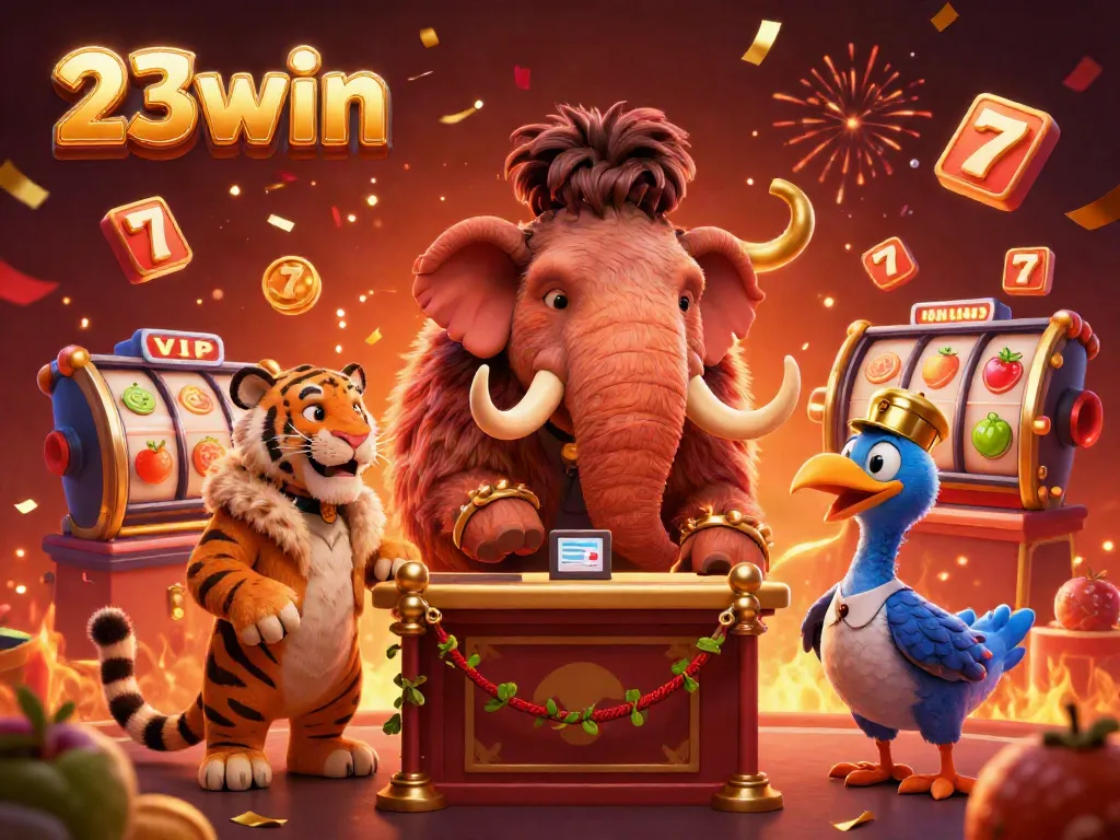 Experience winning moments with 23win at a lively casino scene featuring unique characters and vibrant gaming elements.