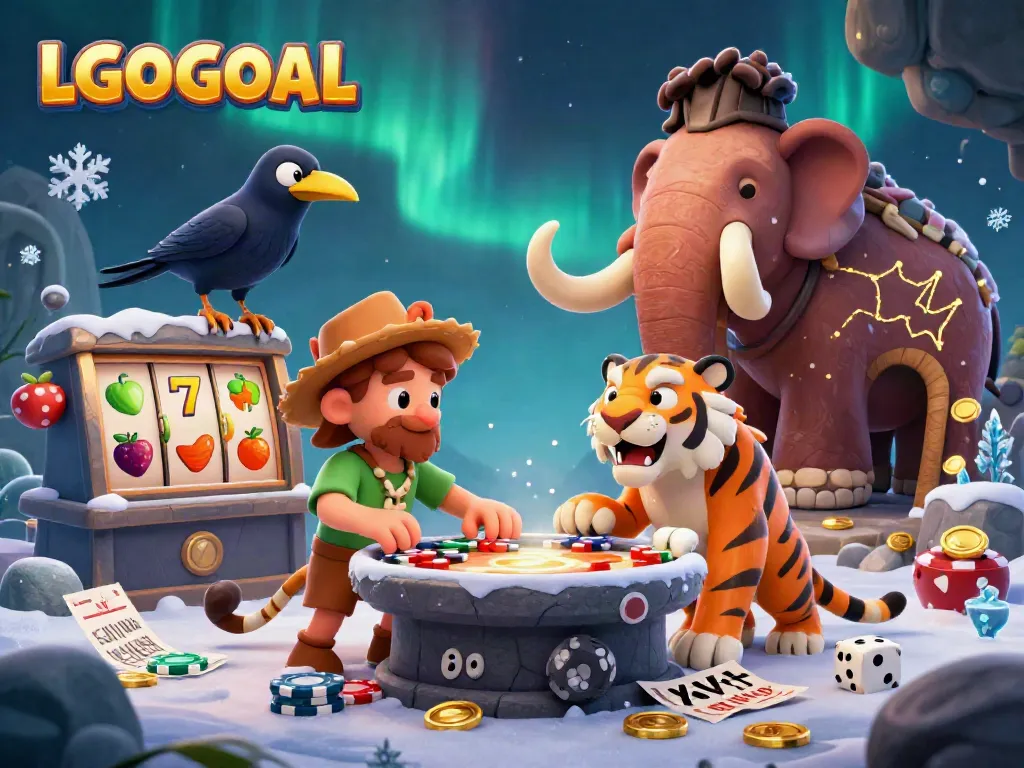 Experience the dynamic world of LGOGOAL, with a caveman and sabertooth tiger running a casino filled with slots and lively gaming elements.