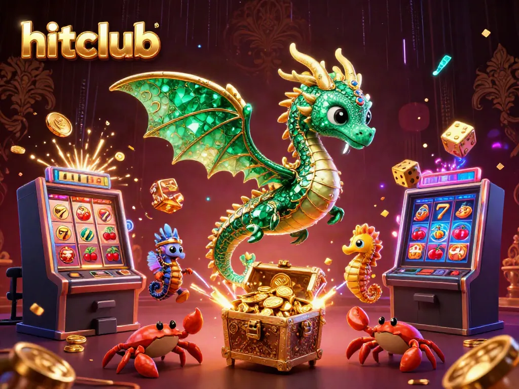 Experience hitclub's vibrant gaming atmosphere featuring emerald sea dragons, jackpot slots, and treasure chests filled with gold.