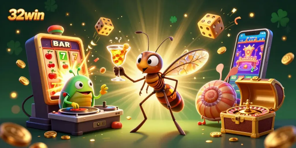 Engage with 32win’s vibrant casino scene featuring animated characters and dynamic gambling elements.