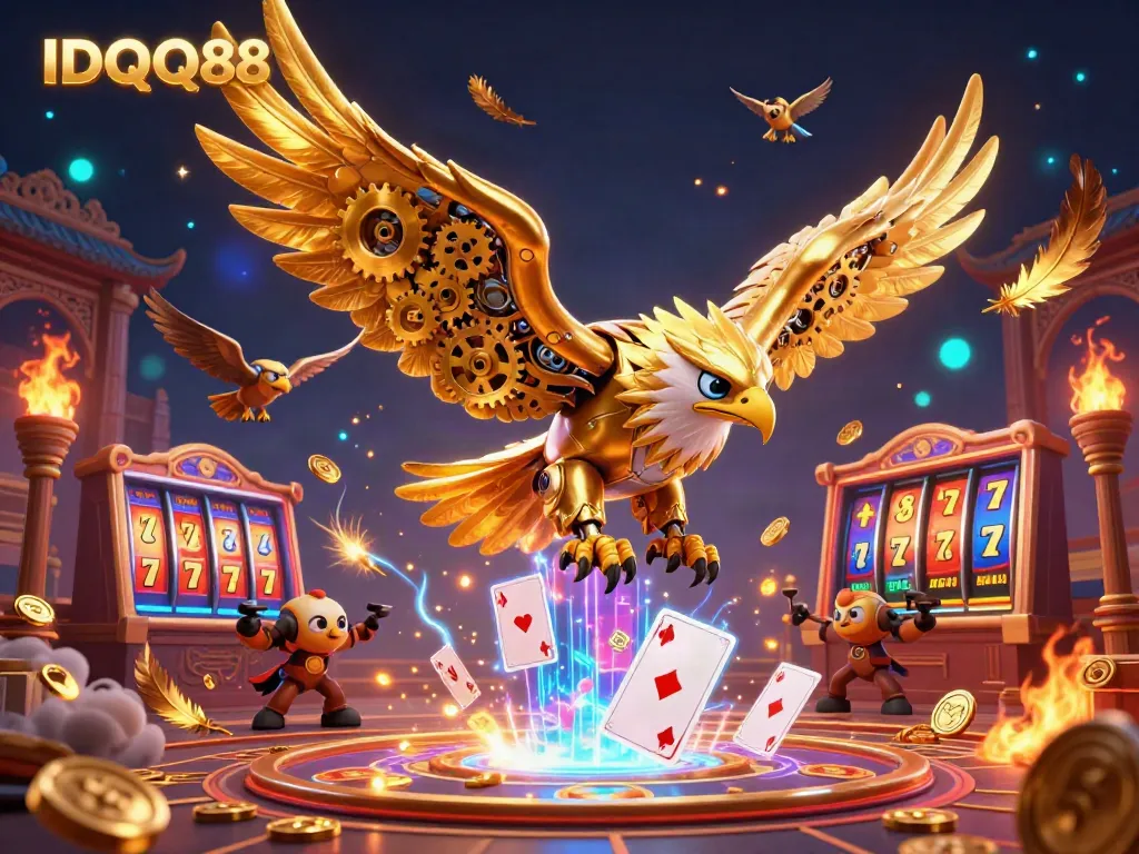 Experience thrilling gameplay with IDQQ88, featuring a cybernetic eagle diving through holographic cards in a dynamic casino scene.