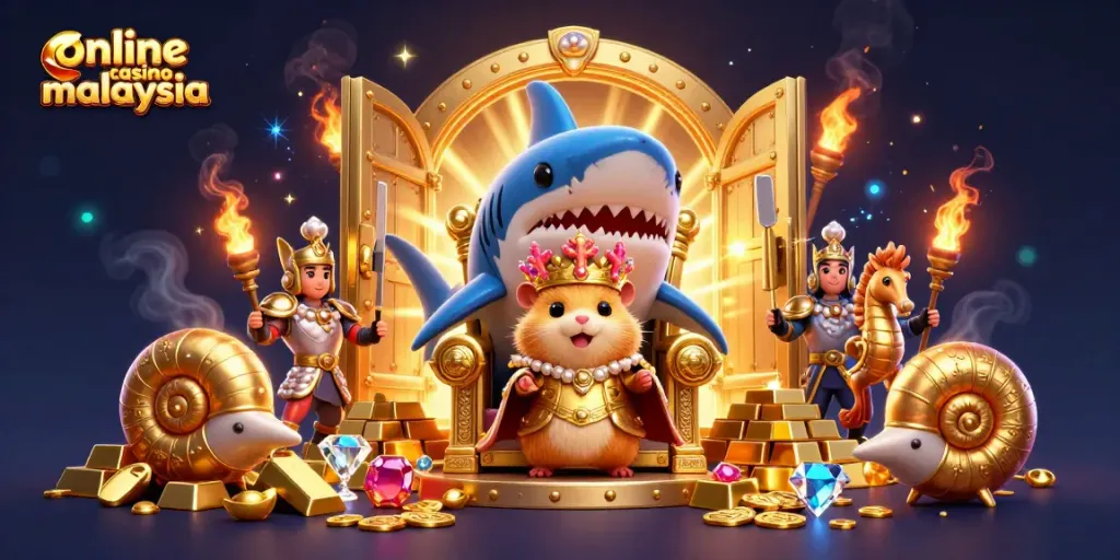 Win big at online casino malaysia with our vibrant 3D throne scene showcasing gaming elements and treasures!