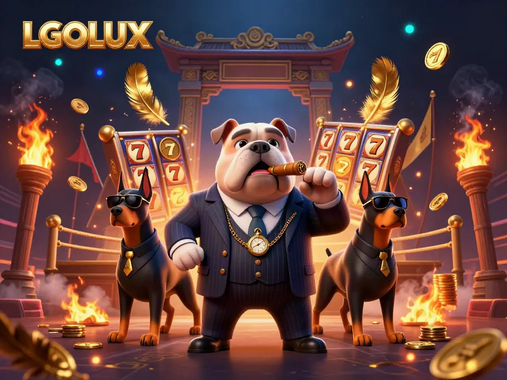 LGOLUX offers an exciting online gaming experience featuring a dynamic scene of a mafia bulldog and Doberman guards amidst vibrant casino elements.