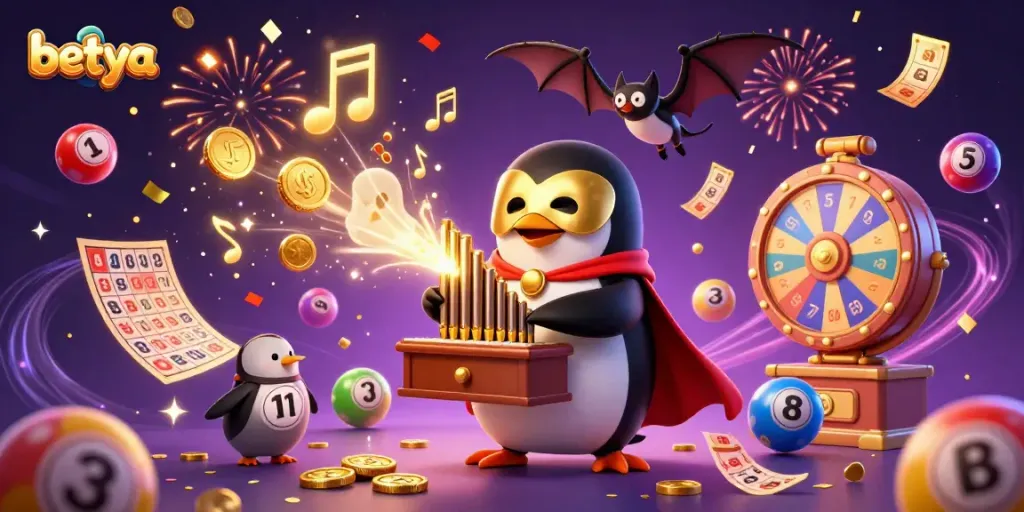 Engage with exciting games at betya, featuring a lively scene with a phantom penguin and festive elements.