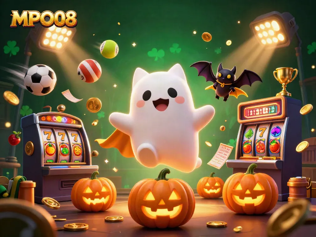 Experience the fun of MPO08 in a vibrant haunted casino with a ghost cat and spooky elements.