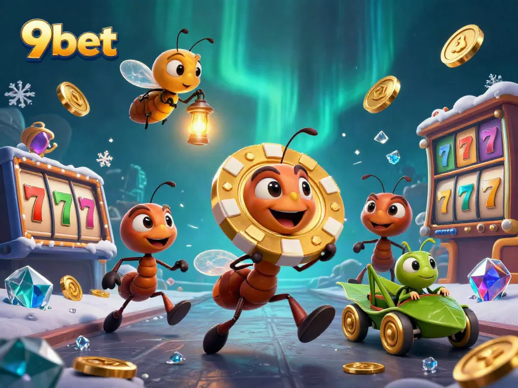 Experience the thrill of 9bet with a dynamic 3D scene featuring cartoon ants heisting a golden poker chip.