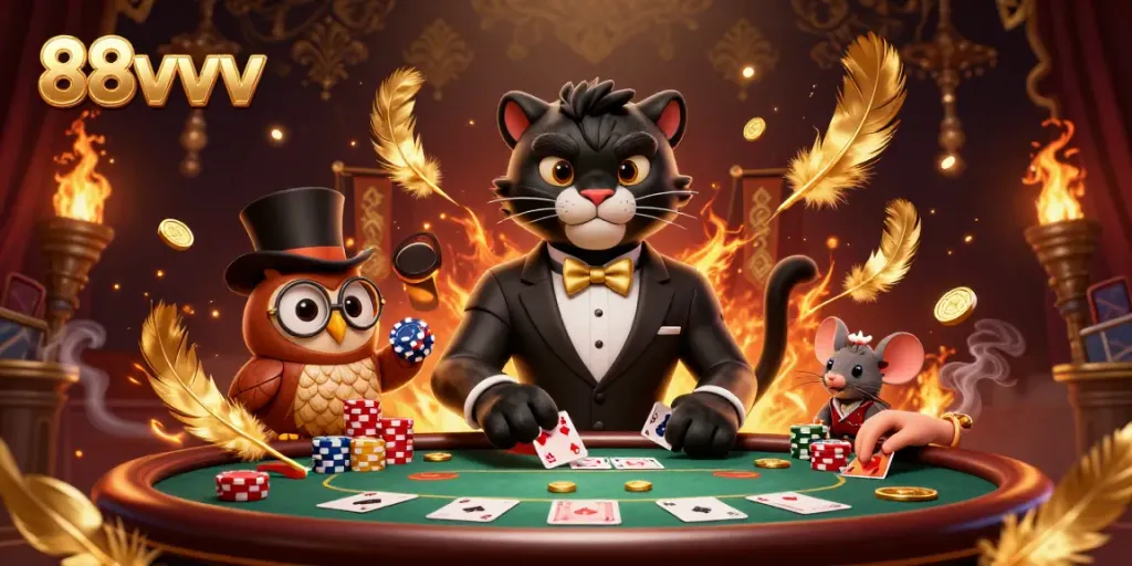 Experience thrilling poker action with 88vvv, featuring a panther dealer, owl, and lucky mouse.