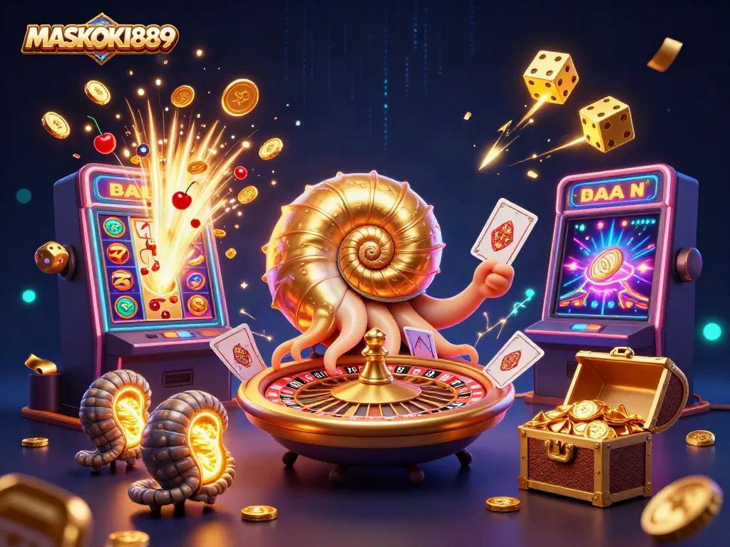 Experience excitement at MASKOKI889 with vibrant casino games and jackpot thrills illustrated in 3D.