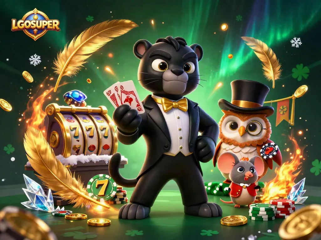 Engage with LGOSUPER in a vibrant casino scene featuring a stylish panther dealing cards and lucky symbols.