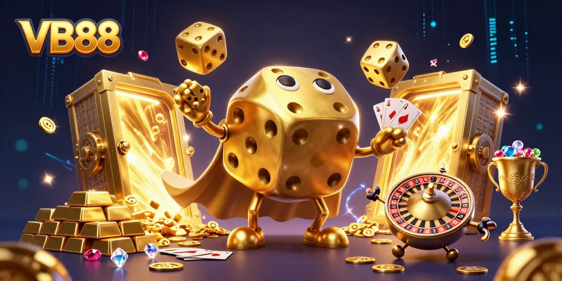 Engage with exciting VB88 gaming adventures in a vibrant 3D casino illustration packed with golden treasures.
