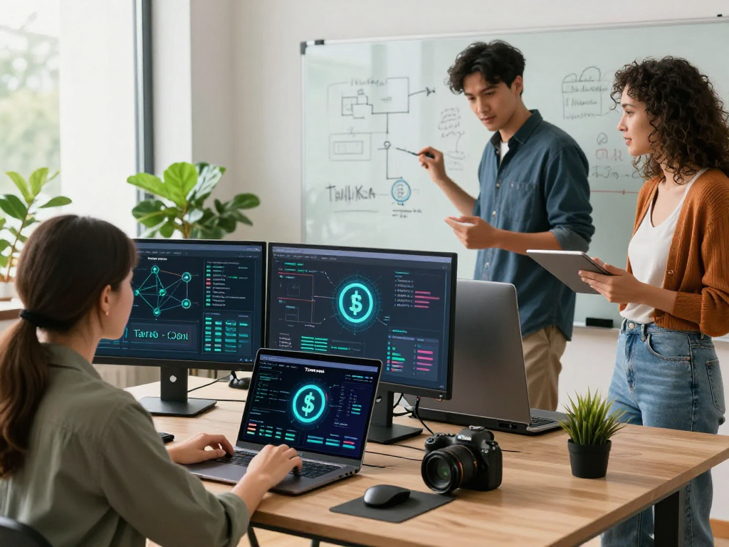 Engaging Tornado Cash scene with users collaborating in a tech workspace showcasing decentralized finance exploration.