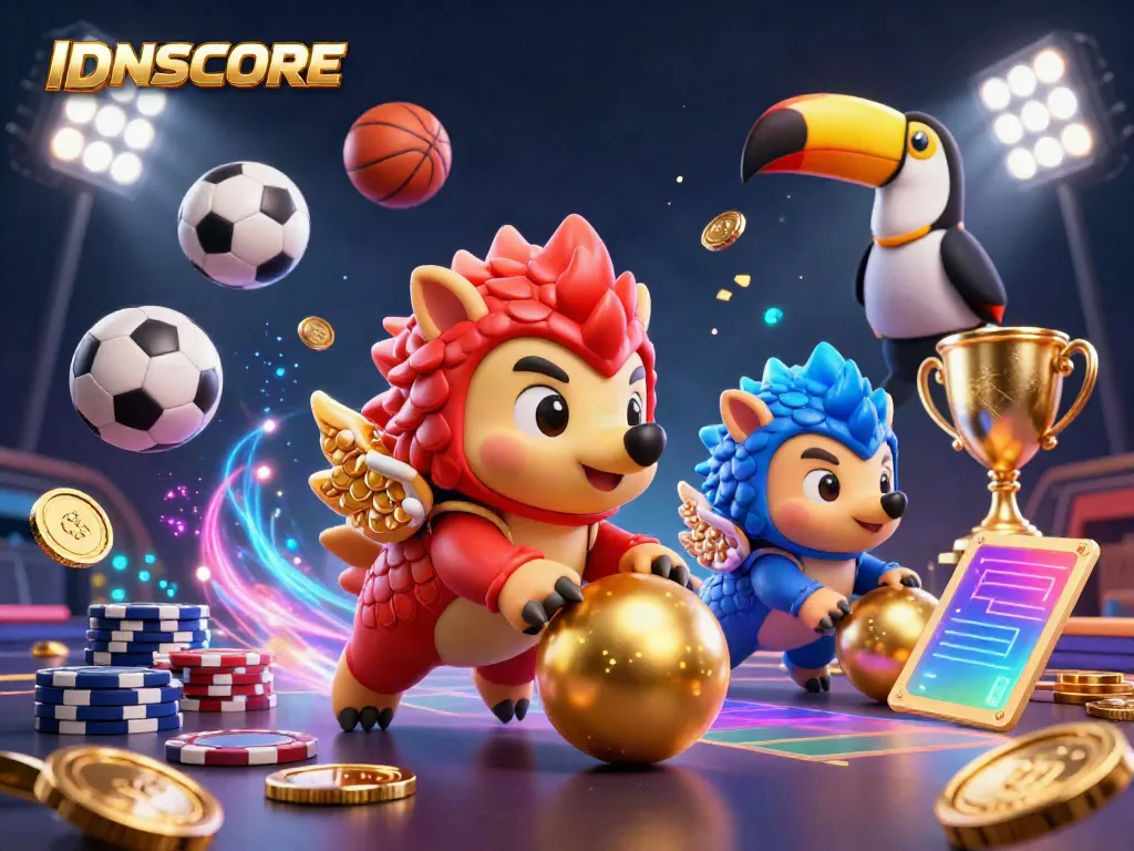 IDNSCORE pangolins compete while bowling through poker chips and sports elements in a vibrant casino scene.