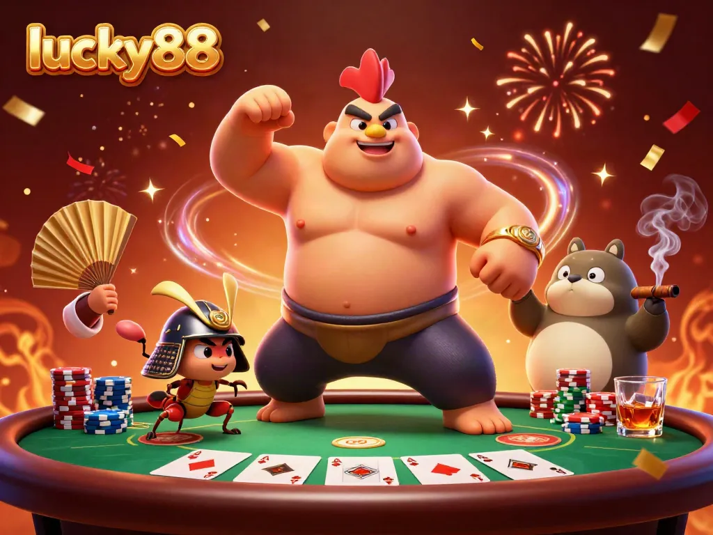 Engage with lucky88's vibrant casino scene featuring a powerful rooster and animated characters.