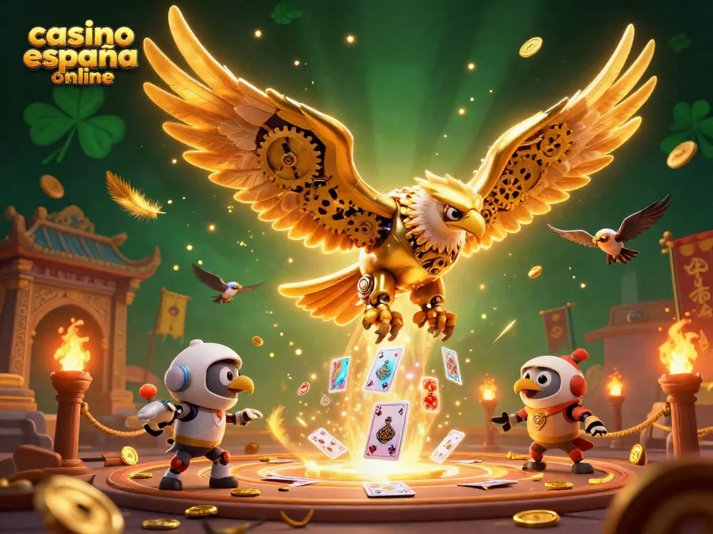 Juega en casino España online, explorando emociones entre cartas holográficas y un águila dorada cibernética.