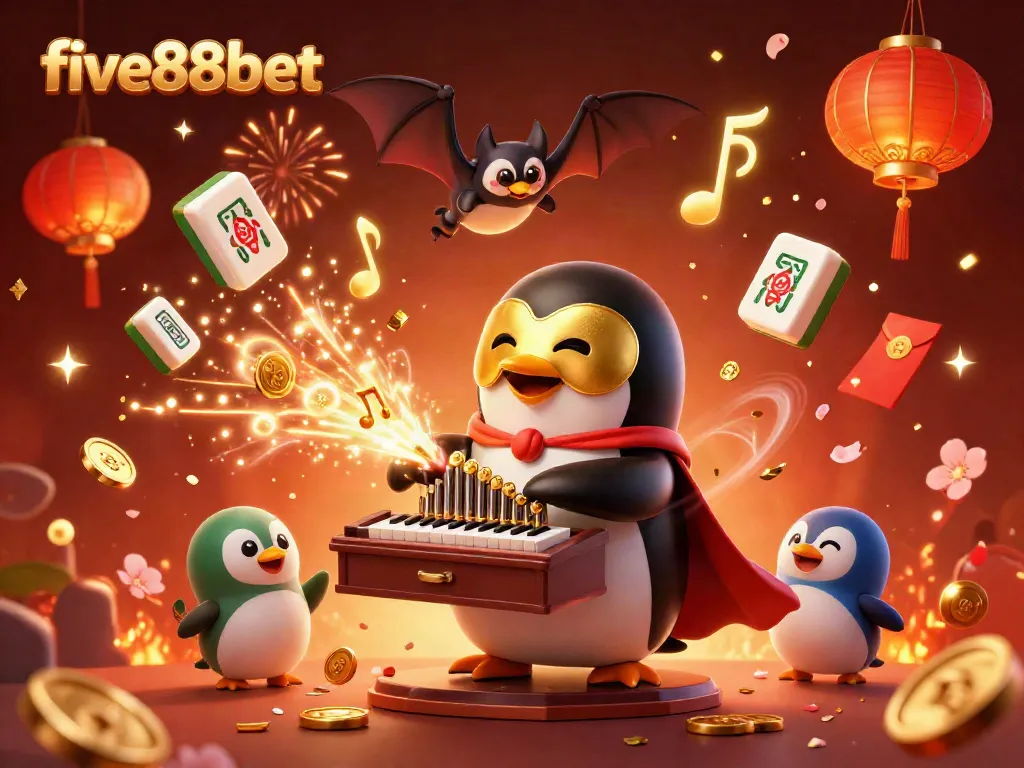Experience the thrill of five88bet with a vibrant 3D scene showcasing a penguin playing for jackpots, exploding with fun.