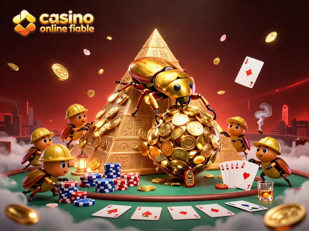 Disfruta del casino online fiable con un escarabajo dorado y símbolos de juego en un ambiente vibrante.
