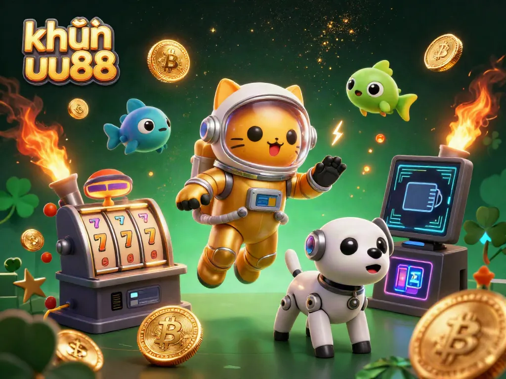 Engage with khuyến mãi uu88 as a space cat and robot dog explore dynamic casino elements amidst glowing visuals.