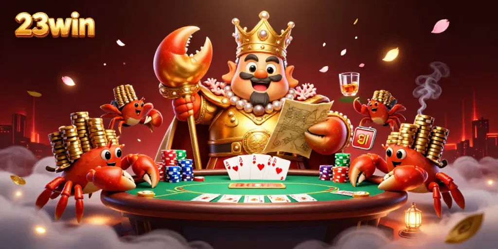 Experience thrilling casino action with a magnificent crab emperor at 23win holding a treasure map.