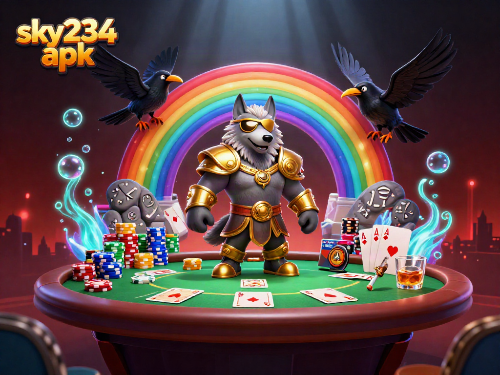 Experience the excitement with sky234 apk's vibrant 3D casino illustration featuring Odin and ravens.