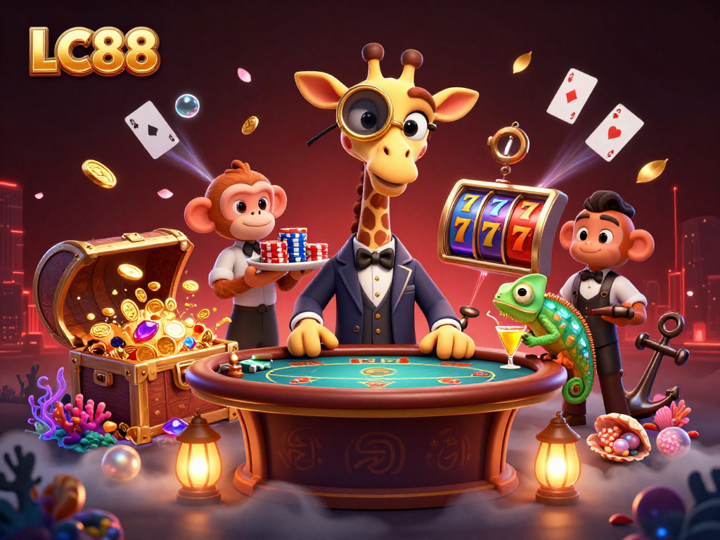 LC88 welcomes players with vibrant casino fun, featuring a high-roller giraffe and whimsical characters.