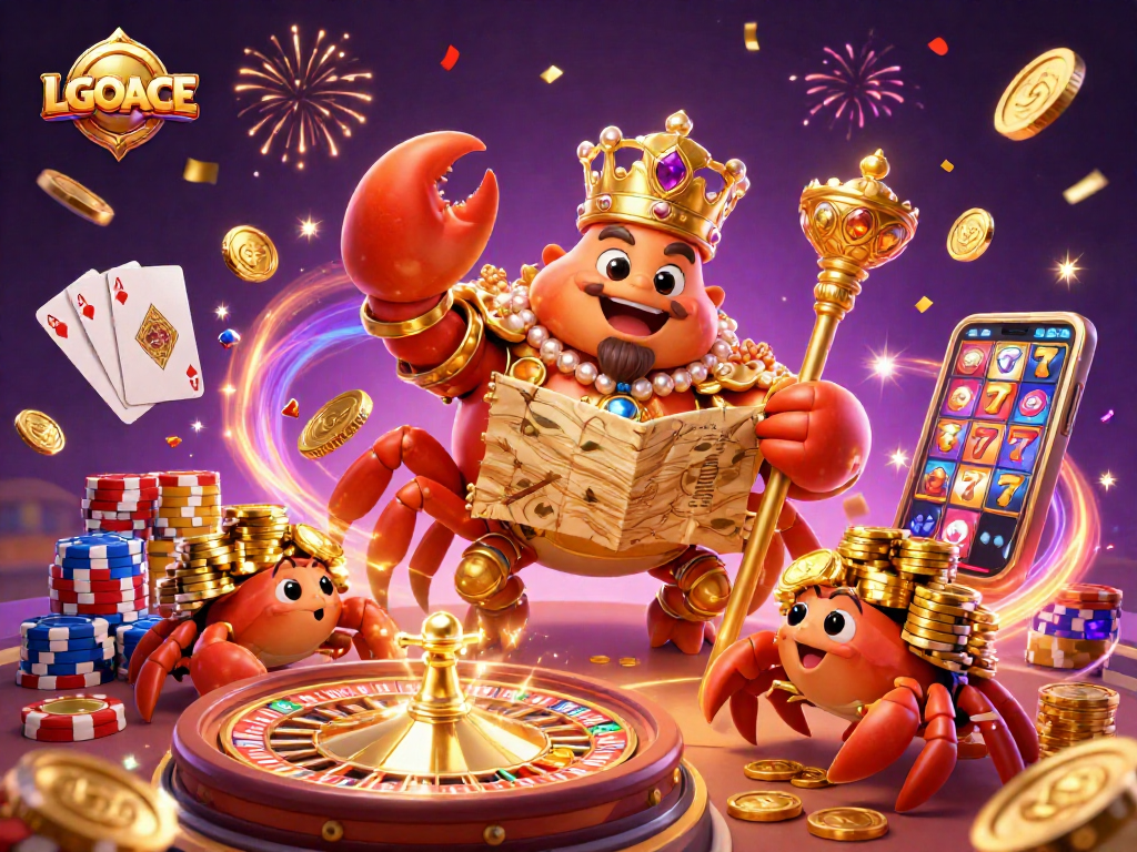LGOACE showcases a golden crab emperor with treasures amidst spinning roulette and vibrant casino elements, enriching the gaming atmosphere.