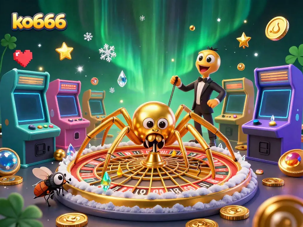 Engage in the excitement of ko666 with a 3D scene featuring a golden spider roulette wheel and energetic gaming elements.