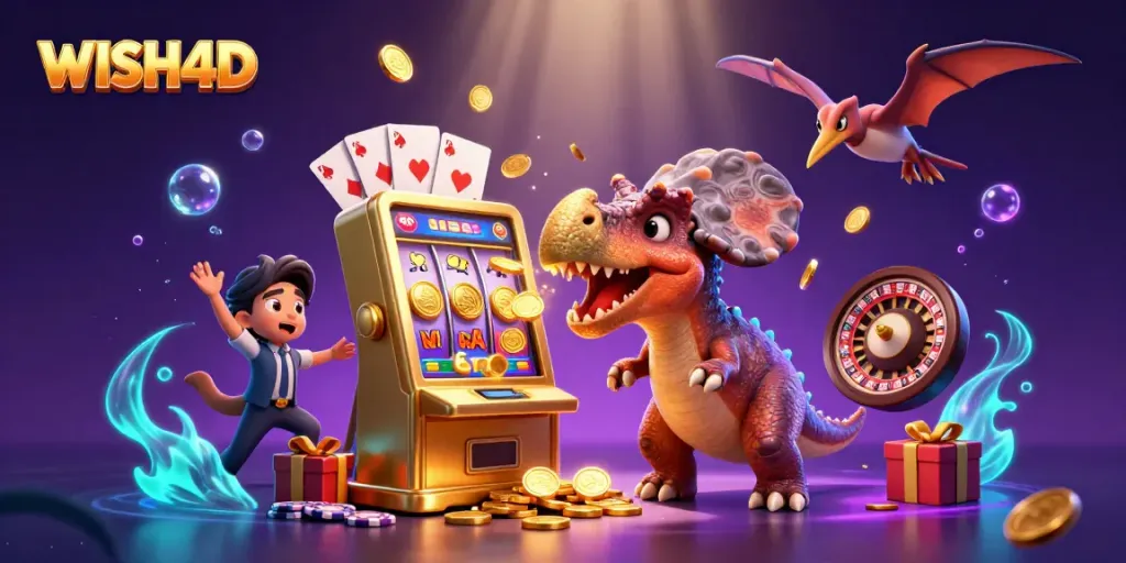 WISH4D captures a lively casino scene with cartoon dinosaurs involved in jackpot gameplay.