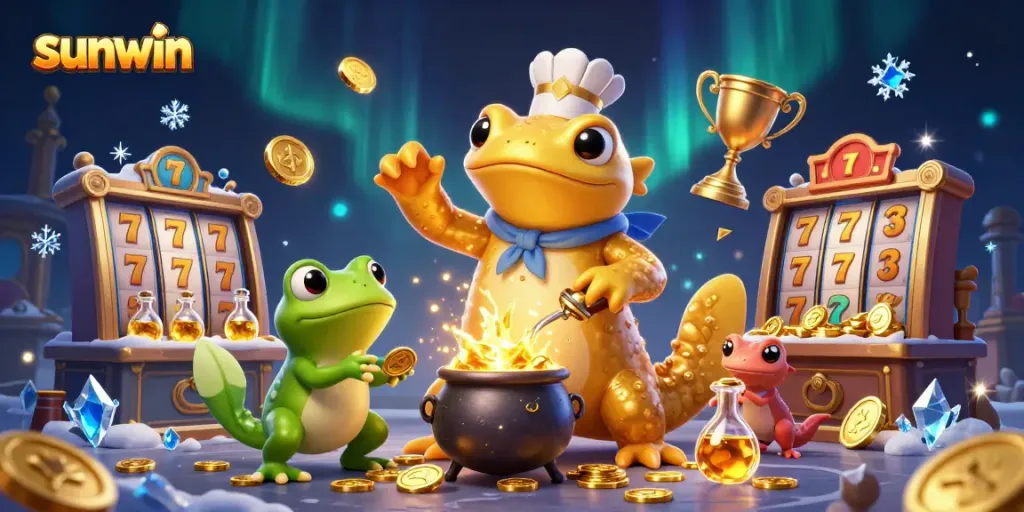 Sunwin slots scene showcasing golden salamander alchemist transmuting coins amidst vibrant gaming elements.