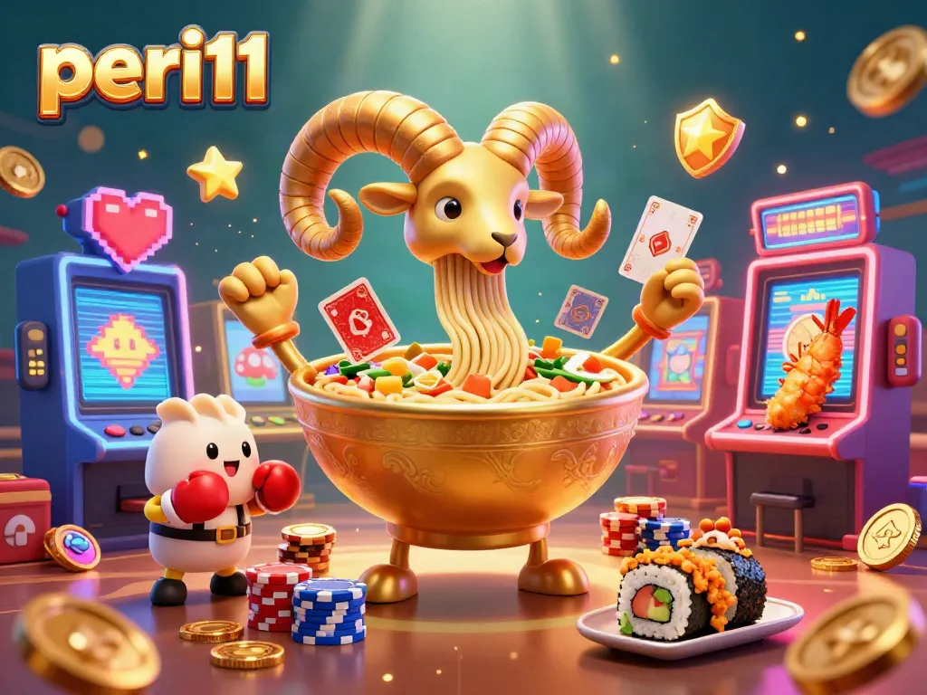 Spin the reels with peri11's vibrant character scene featuring a ramen bowl dealer and colorful casino elements.