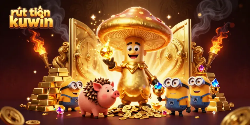 Engage with rút tiền kuwin in a vibrant casino world of gold and treasures, featuring magical 3D characters.