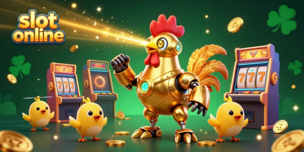 Engage with slot online showcasing vibrant 3D slot machines and a futuristic rooster robot.