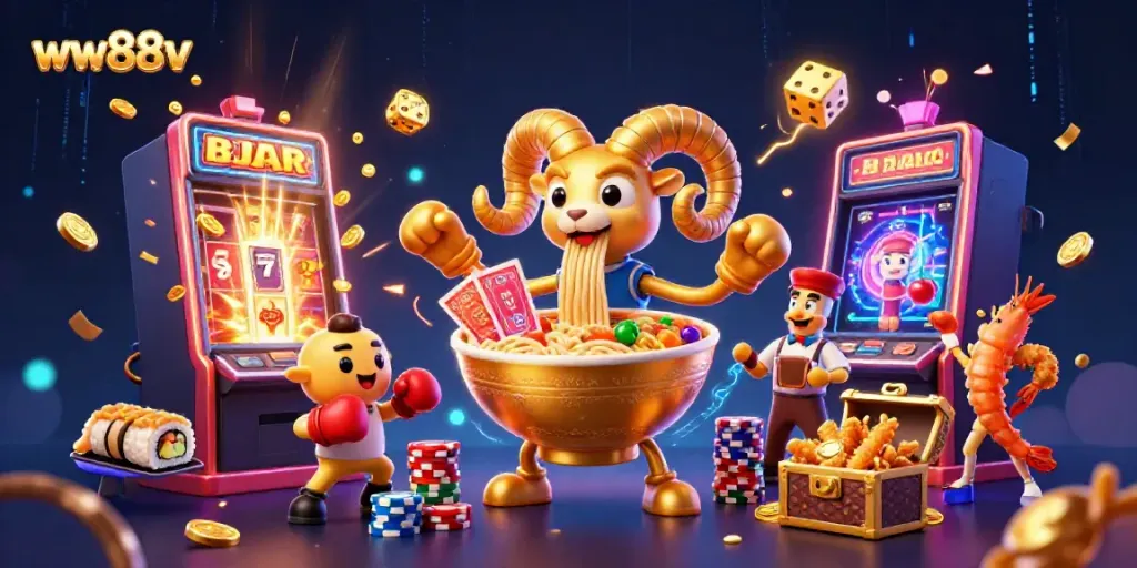 Win big with awesome games at ww88v featuring a vibrant casino scene with 3D characters.