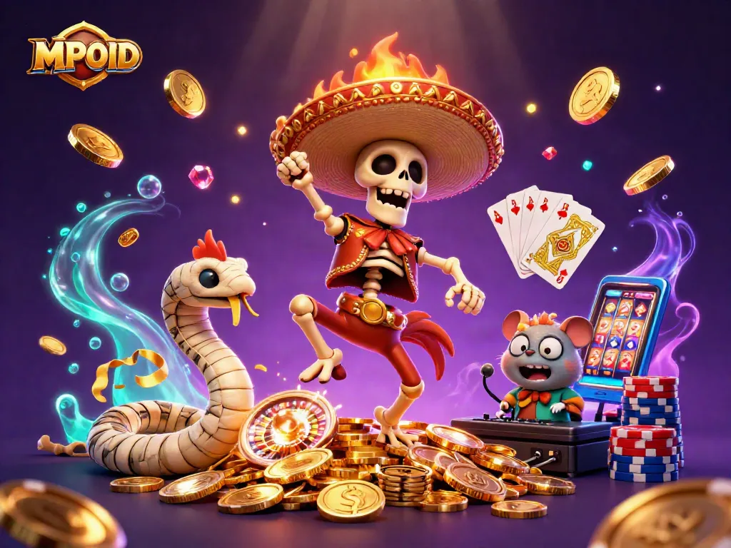MPOID animates excitement with unique characters amidst cascading coins and casino elements.