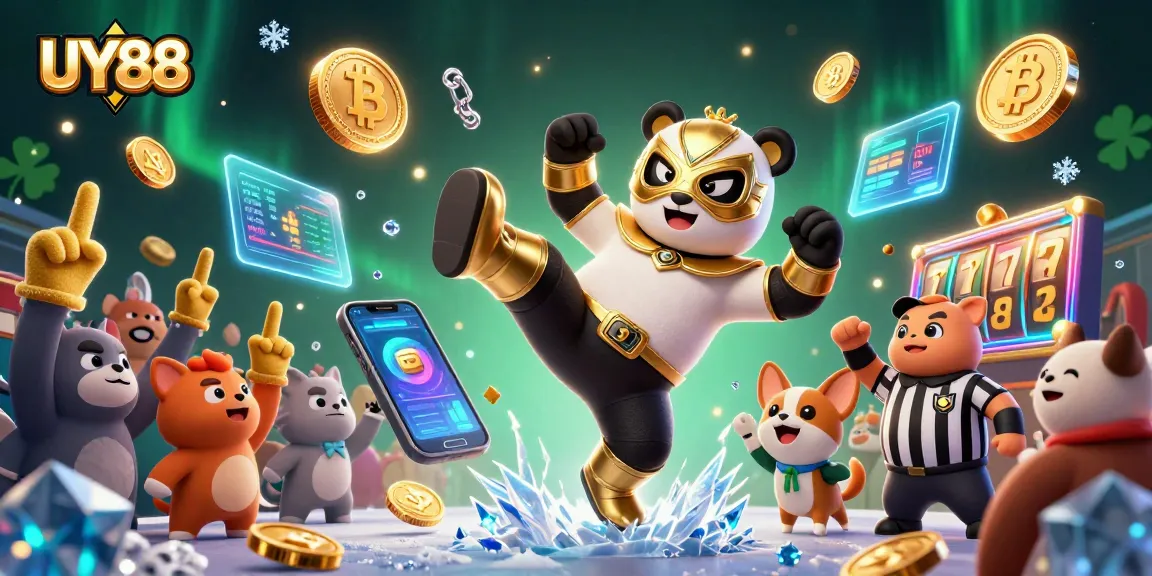 Engage in thrilling gameplay with UY88's panda wrestler amidst vibrant crypto elements.