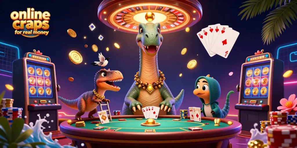 Experience online craps for real money with a thrilling 3D casino scene of characters and game elements.