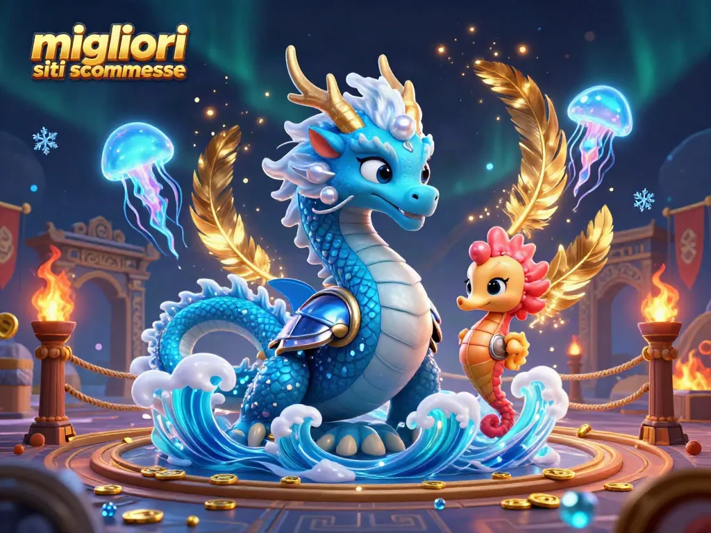 Scopri i migliori siti scommesse con drago e cavaliere marino in un'illustrazione 3D vibrante.