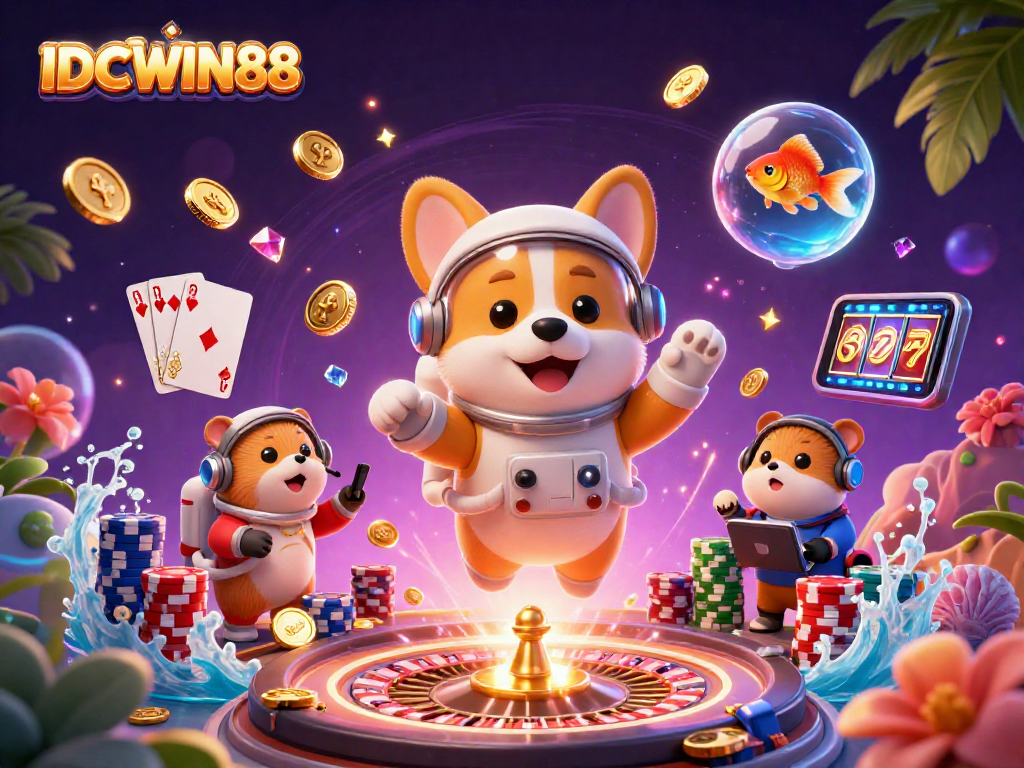 Experience the excitement of IDCWIN88 with a vibrant 3D illustration of a floating casino scene featuring a charming corgi astronaut.