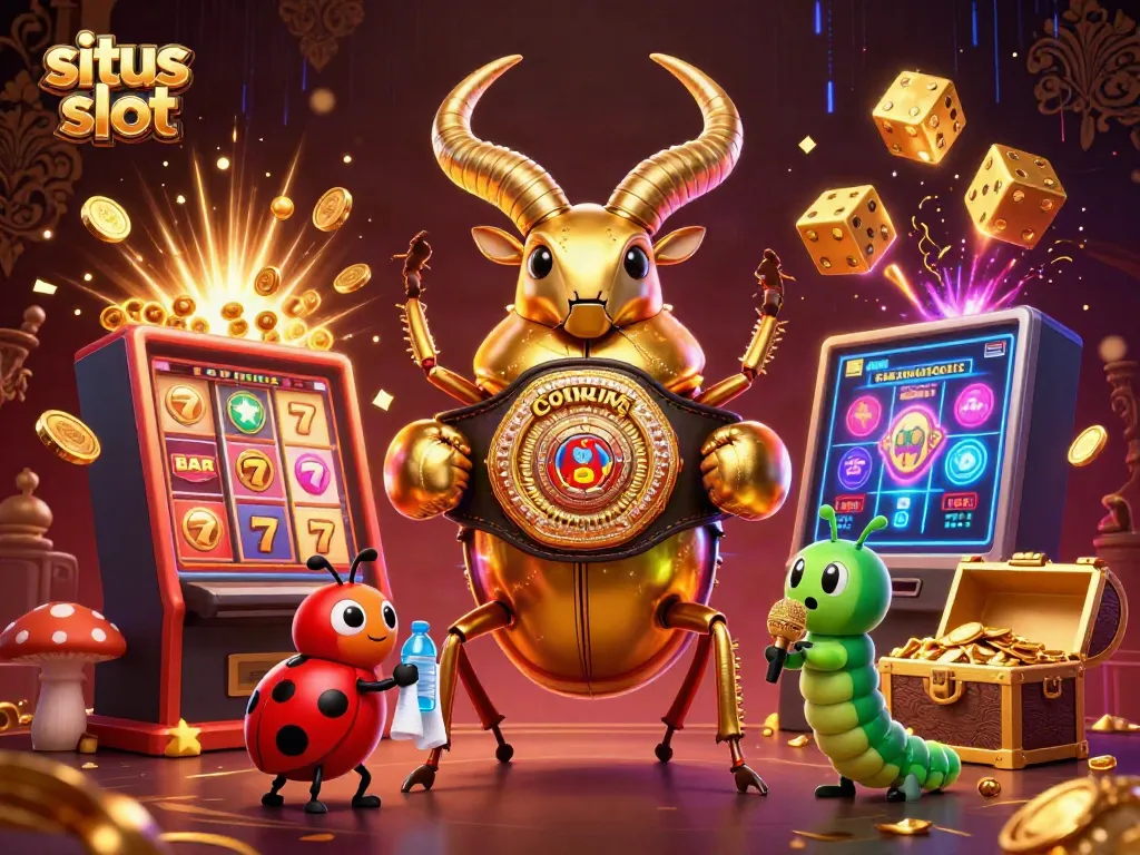 Spin to win on situs slot with a dynamic scene featuring a golden stag beetle and casino elements.