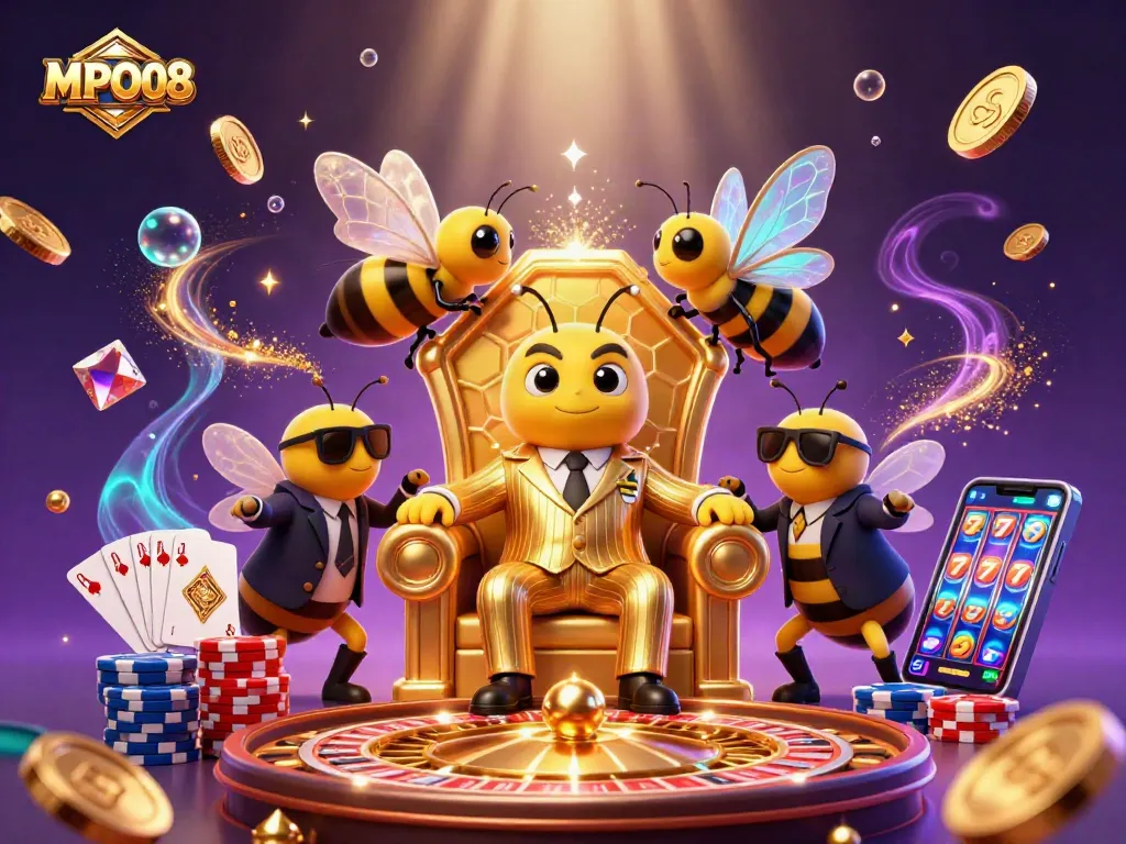 MPO08 presents an engaging 3D illustration showcasing a bumblebee mob boss in a vibrant casino setting, surrounded by game elements.