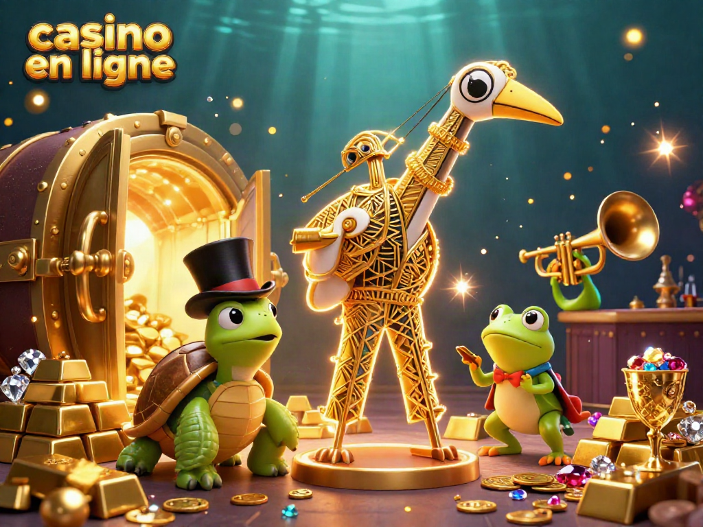 Jouer à casino en ligne avec une illustration colorée de personnages amusants et des éléments de jeu.