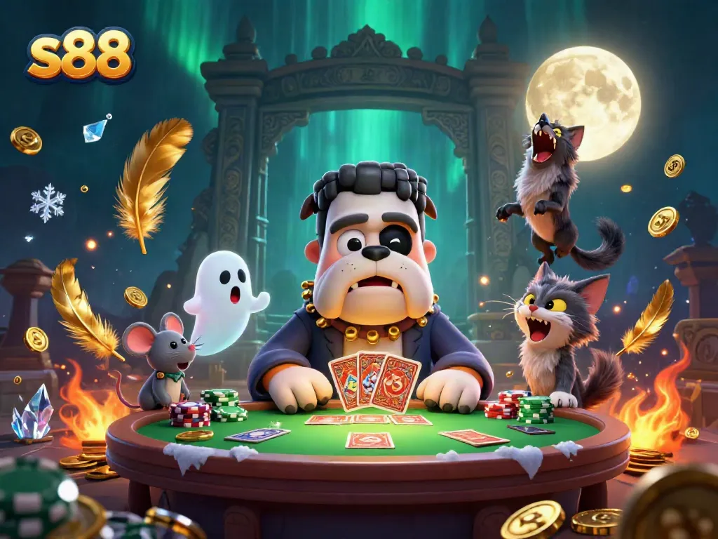 Play cards and win at s88 with a spooky casino scene featuring animated characters and game elements.