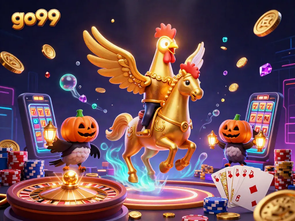 Experience thrilling action with go99 as the golden rooster navigates a vibrant casino scene.