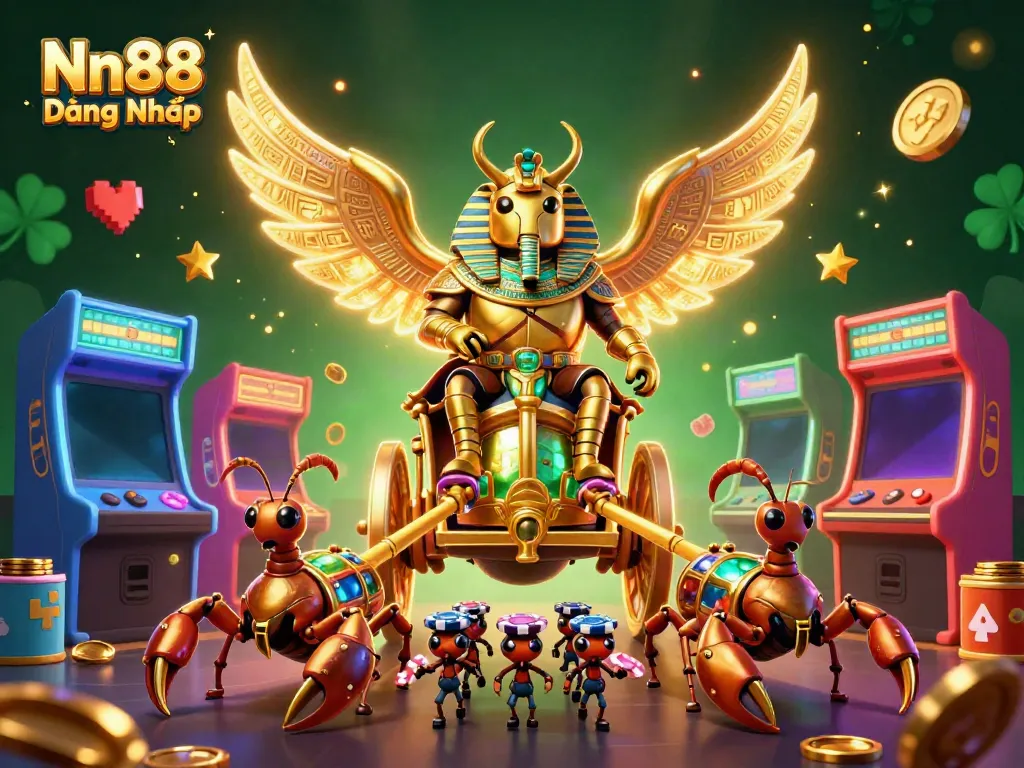 Nn88 Đăng Nhập showcases an energetic 3D casino scene with golden scarab beetles and scorpions amidst vibrant gaming elements.