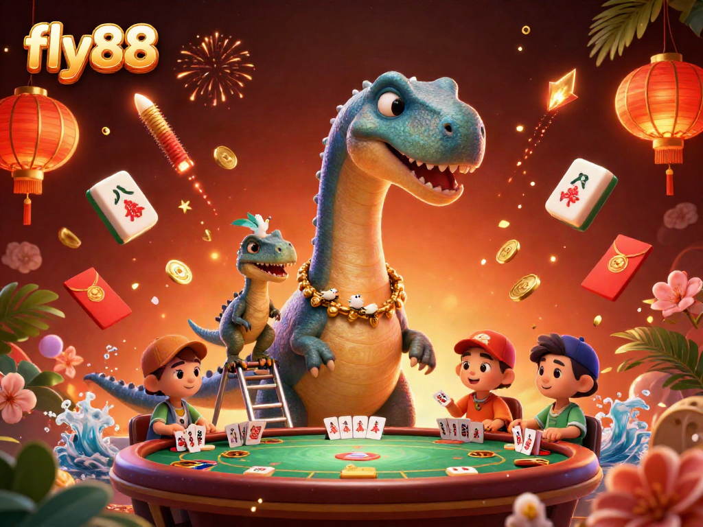 Fly88 features a towering brontosaurus with a clever raptor dealing cards and vibrant casino elements.