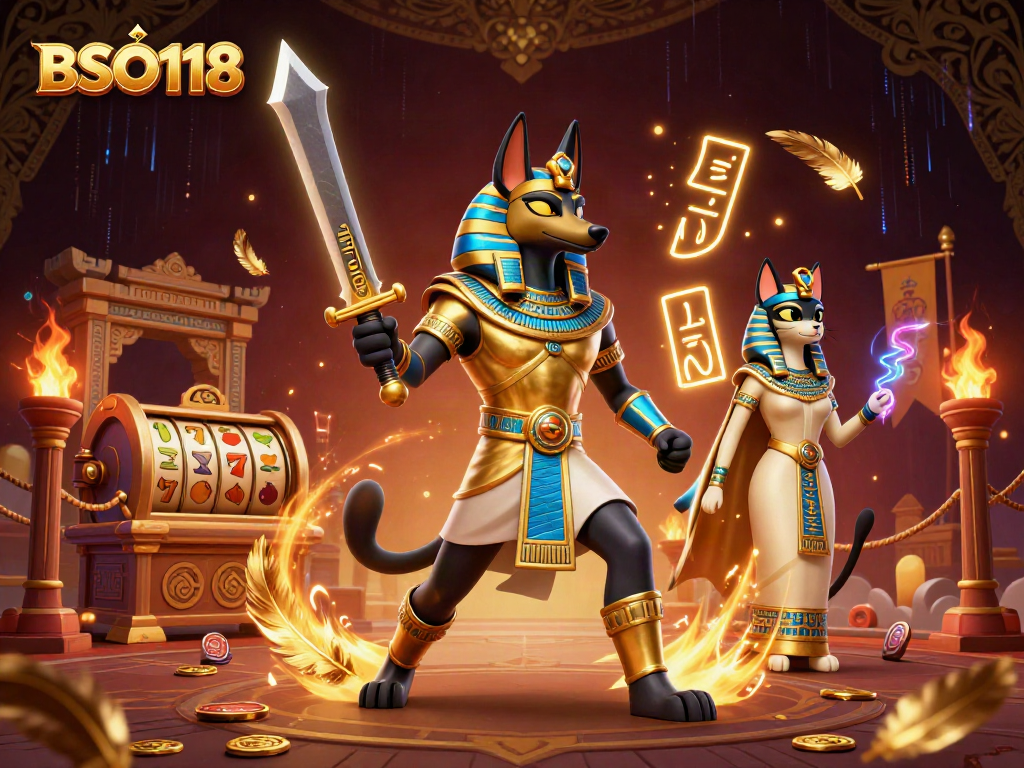 Win big with BSO118 in this dynamic 3D casino scene featuring Anubis and Bastet.