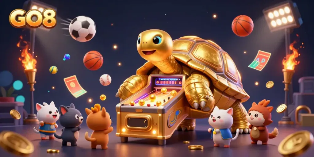 Engage with the GO8 online casino in a lively scene featuring a golden tortoise pinball machine amidst dynamic sports betting elements.