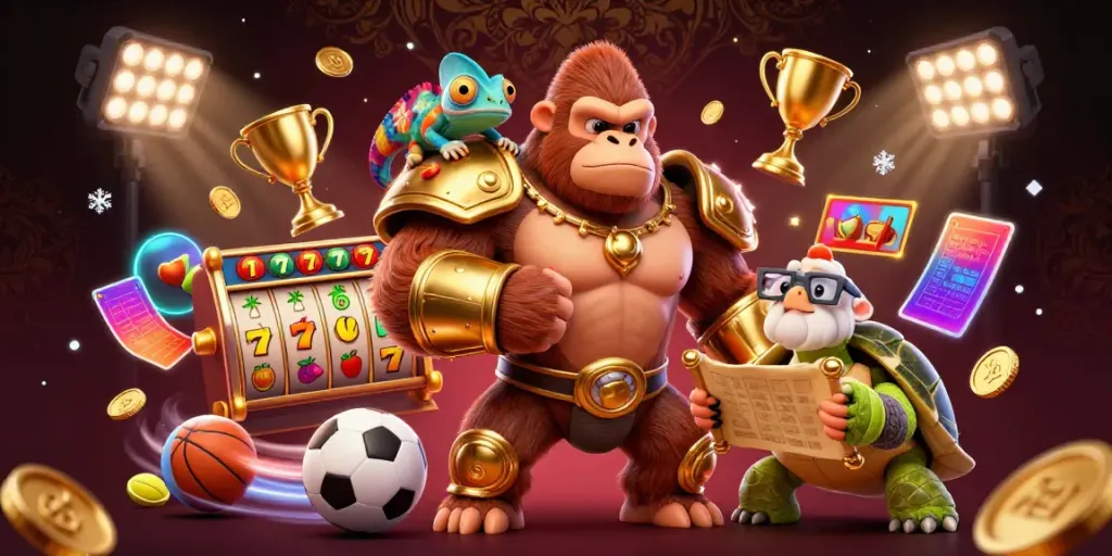 Join the TN88 adventure with a gorilla in golden armor and vibrant casino elements.