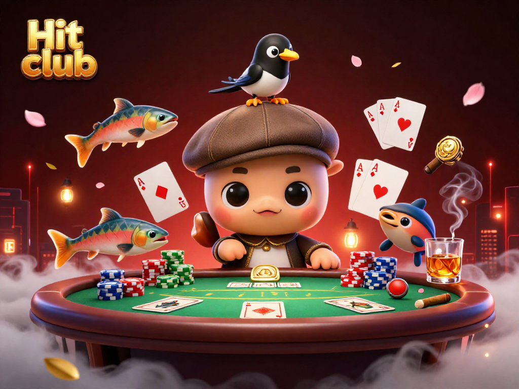 Engage with Hit club's vibrant casino scene featuring playful characters and rich poker elements.