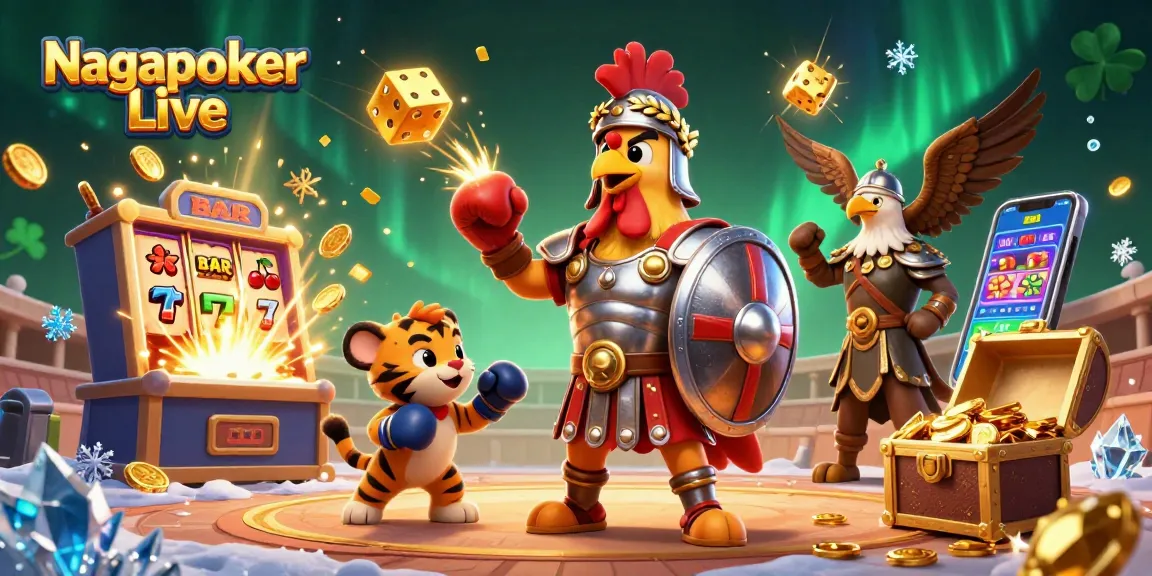 Nagapoker Live reveals thrilling poker action with a gladiator rooster and dynamic casino elements.